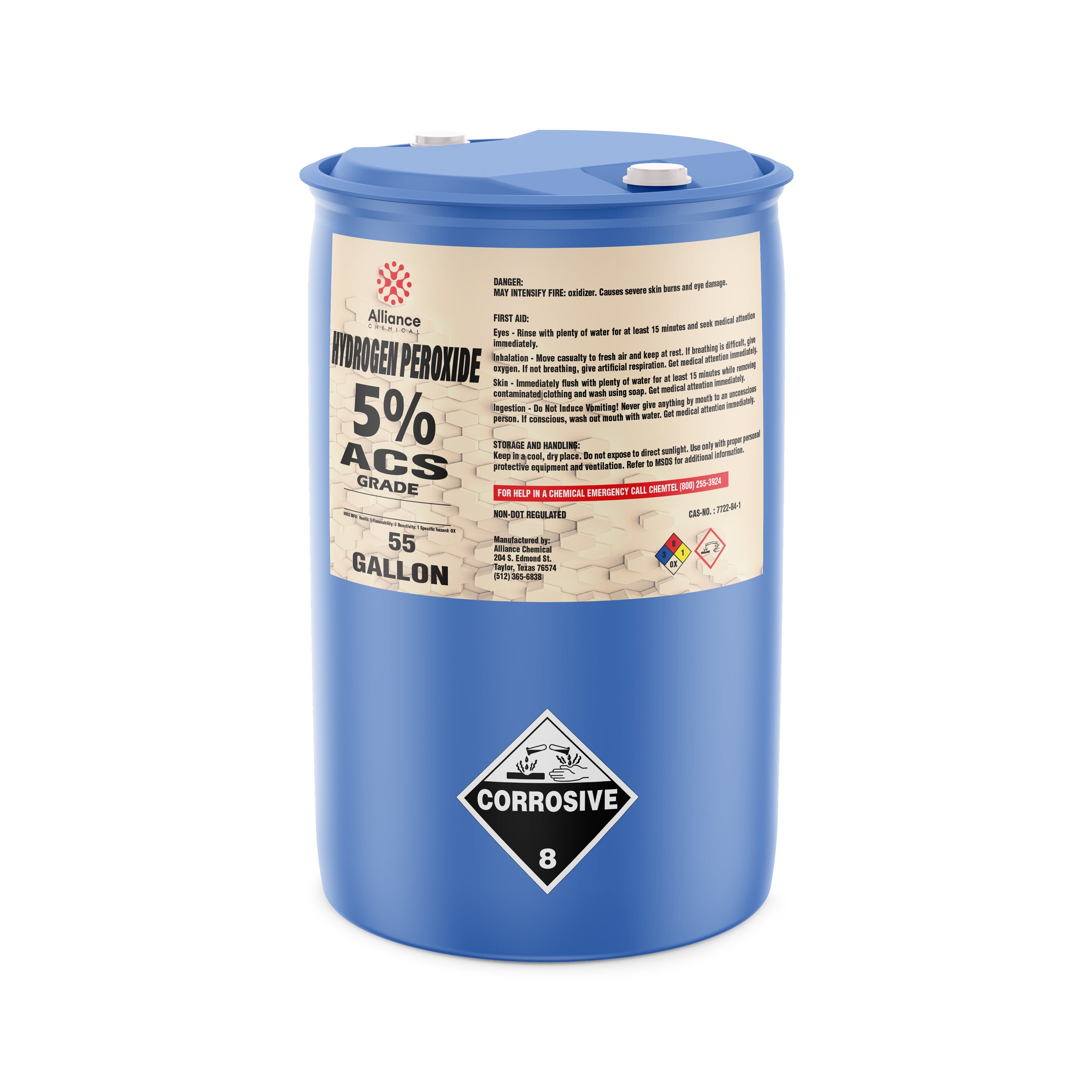 55-gallon blue HDPE drum of 5% ACS-grade hydrogen peroxide by Alliance Chemical, featuring corrosive warning symbol and first-aid safety instructions.